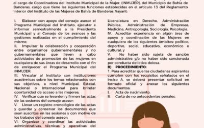 Convocatoria pública abierta para seleccionar a la persona que ocupará el cargo de Coordinadora del Instituto Municipal de la Mujer de Bahía de Banderas